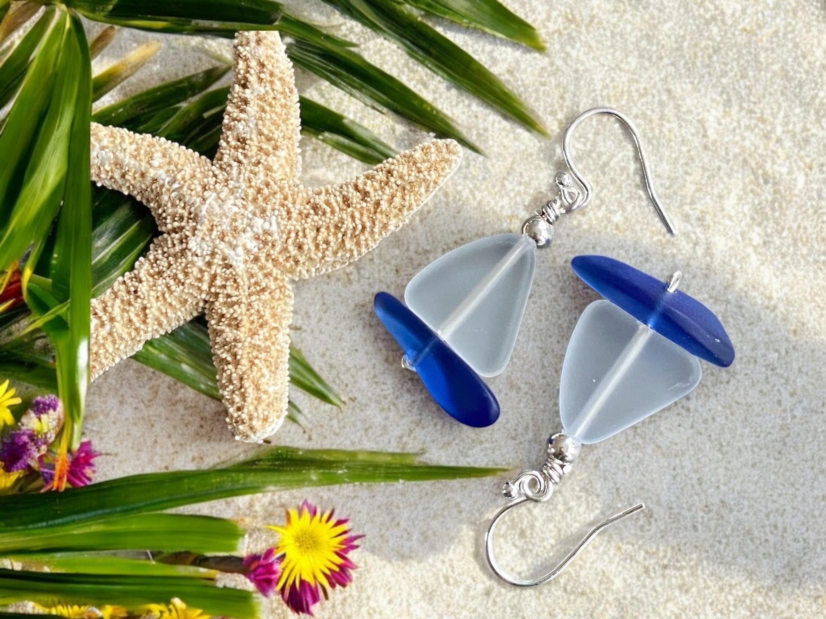 White Sea Glass Sailboat Earrings in Sterling Silver, Ocean-Inspired Beach Glass Sailboat Necklace and Earring SET,  Nautical Beach Jewelry"