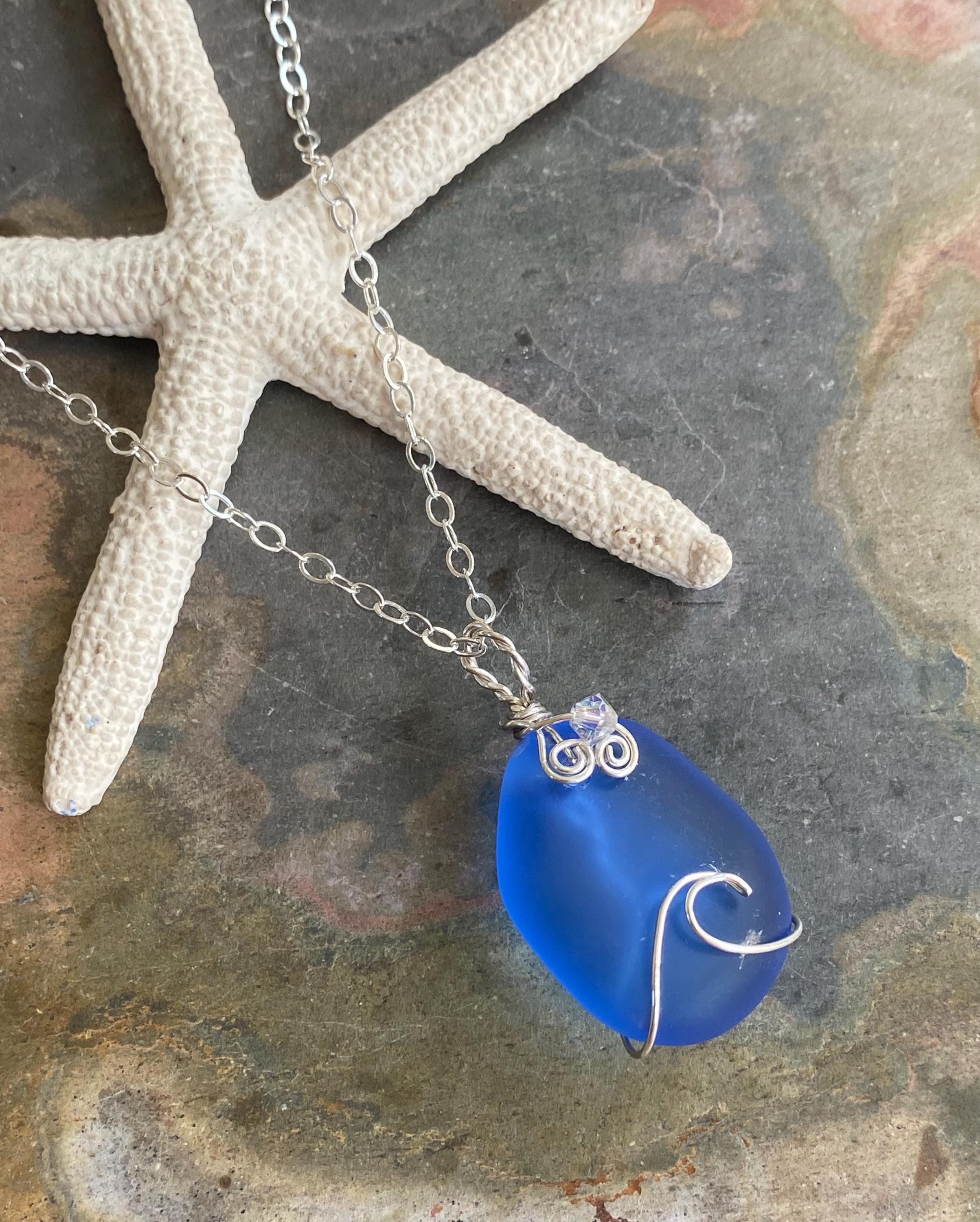 Blue Wave Necklace, Blue Sea Glass Wave necklace, Seaglass Pendant Wave Design Sterling Silver Wire Necklace,Beach Style Ocean Wave Swirl