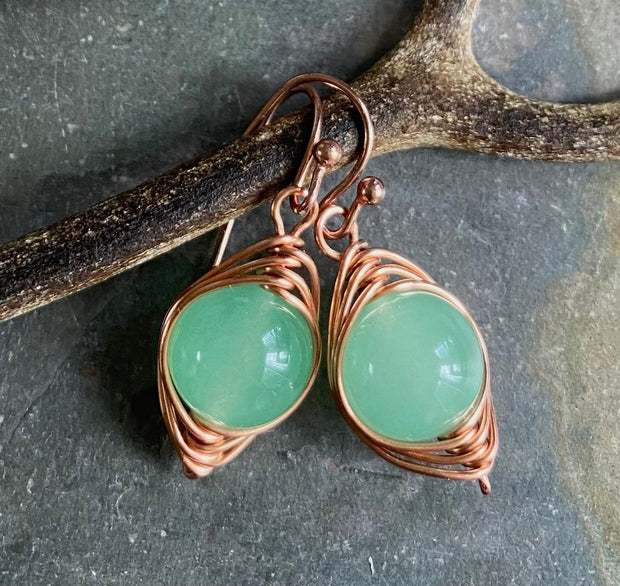 Jade Earrings in  Silver,Wire Wrapped Herringbone green Jade Dangle Earrings,May Birthstone earrings, Healing Gemstone Earrings