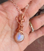 Wire Wrapped Moonstone Necklace in Natural  Copper,Rainbow Moonstone Necklace, Blue Flashing Moonstone Necklace,June Birthstone necklace