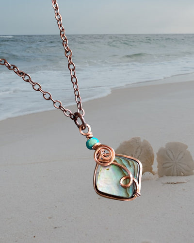 Abalone Necklace, Wire Wrapped Abalone Pendant in Copper, Abalone Jewelry, Rainbow Abalone Necklace, Necklace for Women, Summer Necklace