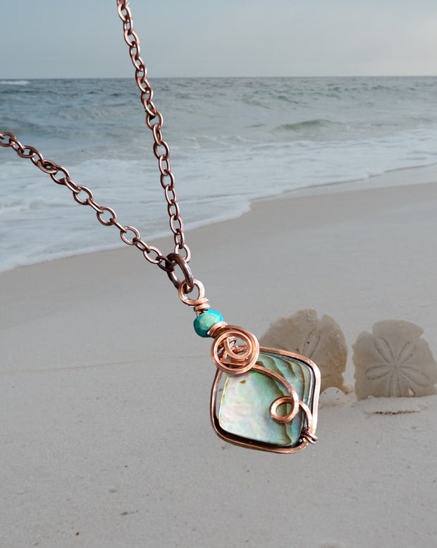 Abalone Necklace, Wire Wrapped Abalone Pendant in Copper, Abalone Jewelry, Rainbow Abalone Necklace, Necklace for Women, Summer Necklace