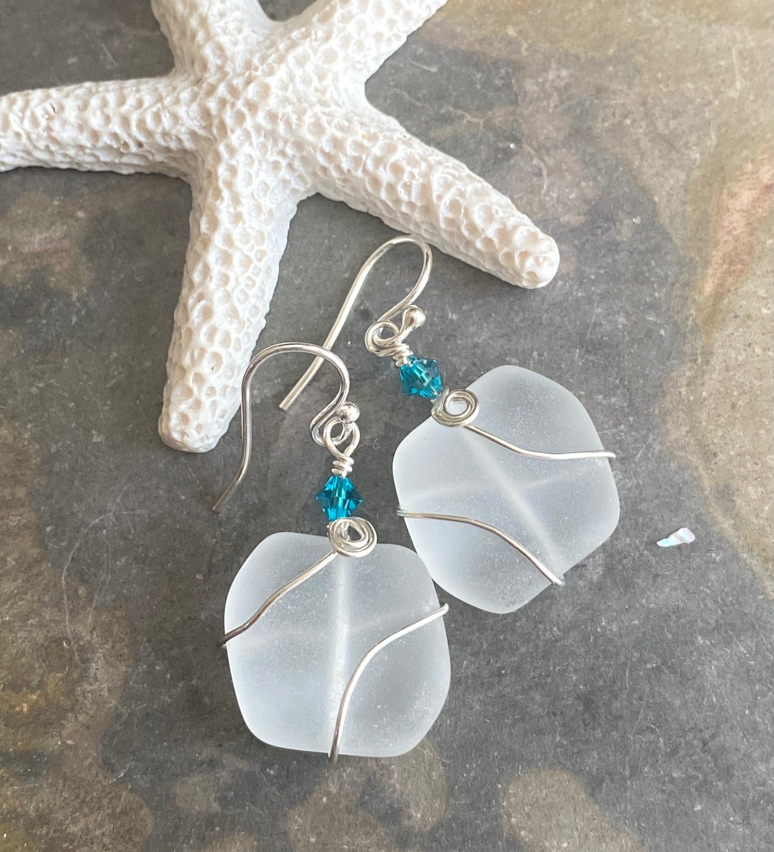 White Semi transparent Sea Glass Silver Earrings-Recycled Glass Earrings in Sterling silver Earwires, Beach Weddings, Sea Glass  earrings