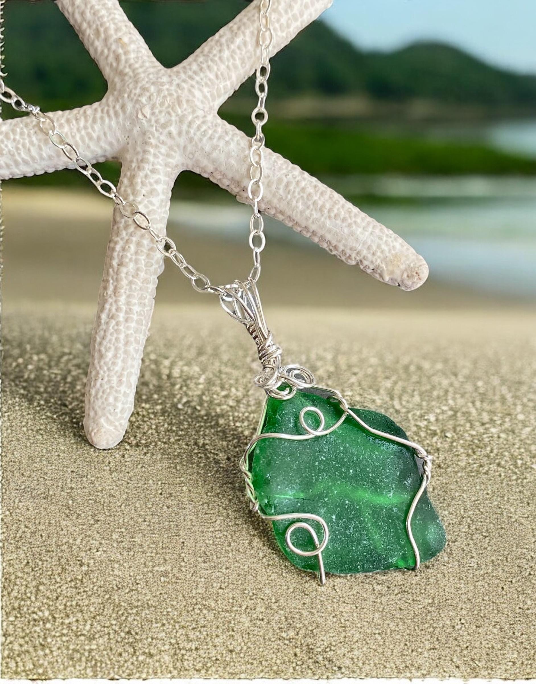 Green Seaglass Pendant Necklace in  Sterling Silver, Wire Wrapped Beach Glass Necklacefor Beach Lovers, Natual Peridot Green Sea Glass
