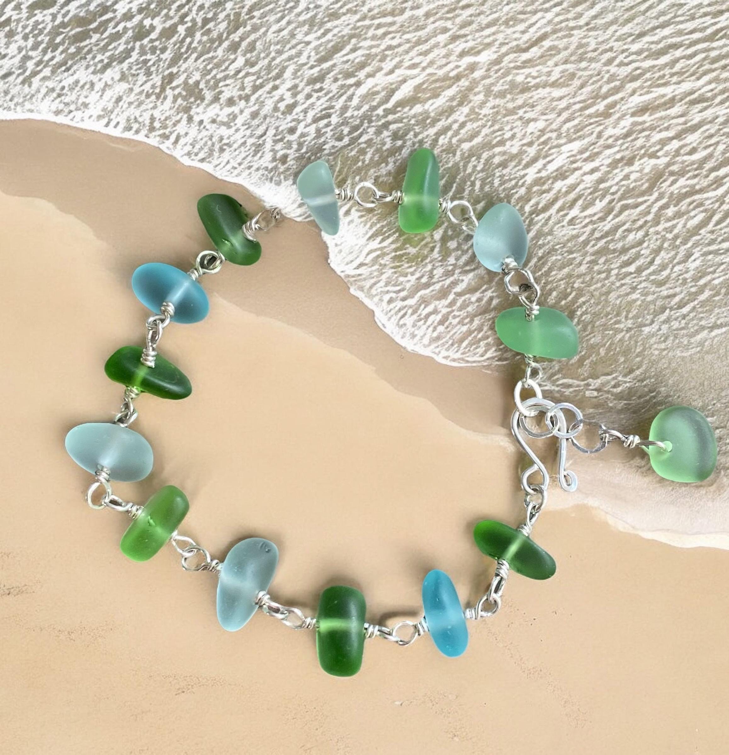 Sterling Silver Sea Glass Bracelet, Custom Sea Glass Bracelet, Personalized Bracelet  for Her, Chain Link Bracelet, Friendship Bracelet