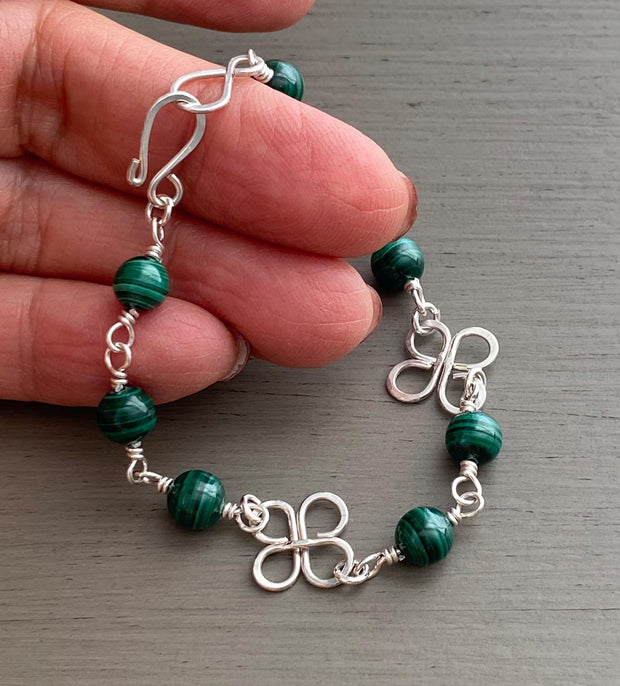 Clover Bracelet Malachite in Sterling Silver, Wire Wrapped Celtic Clover Bracelet,