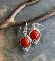 Wire Wrapped Fire Agate Earrings, Orange Fire Agate Gemstone Earrings, Agate Herringbone Earrings in Copper, Fire Agate Copper Earrings,