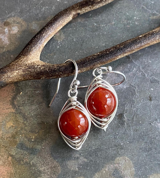 Wire Wrapped Fire Agate Earrings, Orange Fire Agate Gemstone Earrings, Agate Herringbone Earrings in Copper, Fire Agate Copper Earrings,