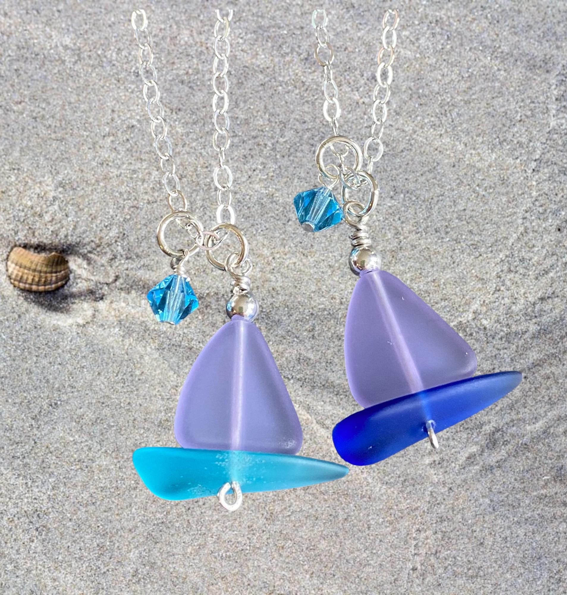 Sailboat Sea Glass Necklace, Periwinkle Sea Glass Pendant, Beach Wedding, Beach glass Necklace in Sterling Silver, Sea Glass Jewelry