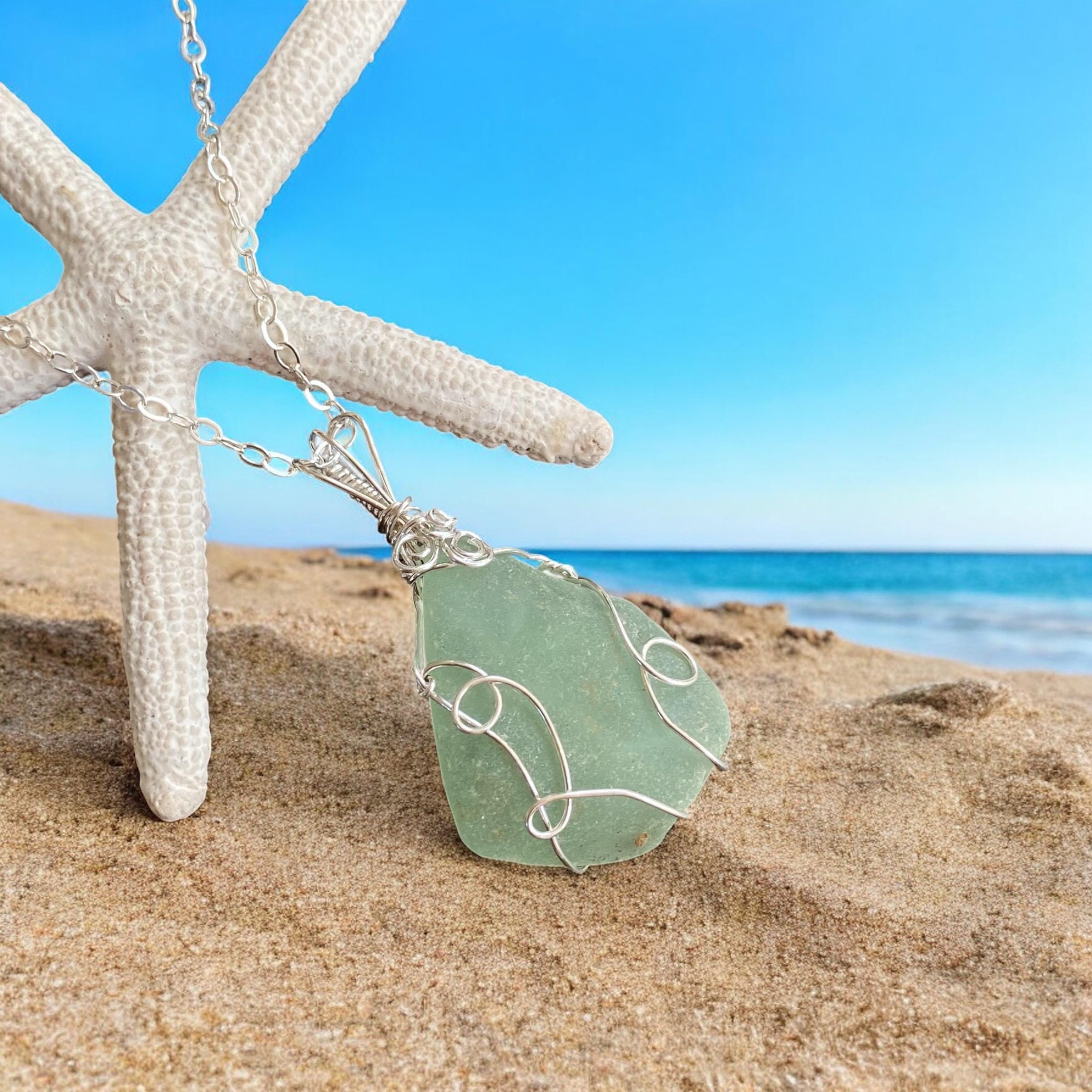 Natural Beach Glass Necklace, Seafoam Green  Beach Glass Necklace, Wired Sea Glass Jewelry, Gifts for Beach lover, Ocean inspired Pendant