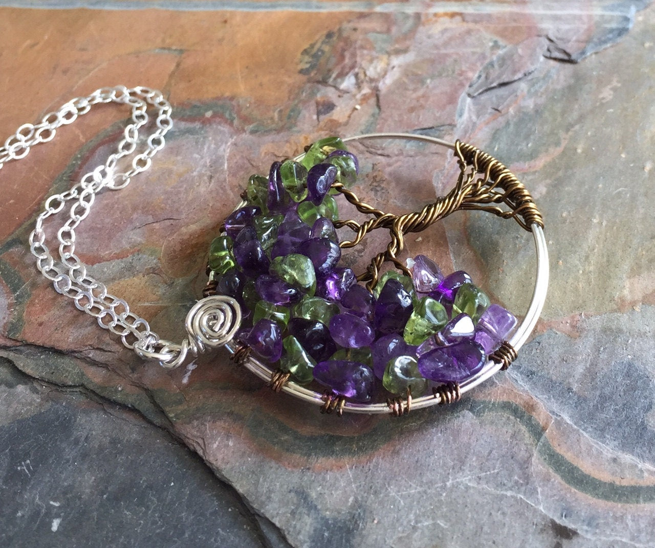 Mother's Day Gift, Ready Ship in ship in 1 to 2 days,Amethyst/Peridot Tree of Life, February/Peridot Family Birthstone Tree of life Pendant
