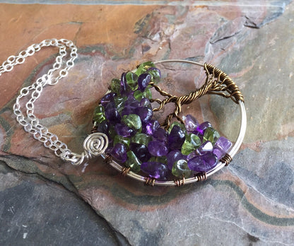 Mother's Day Gift, Ready Ship in ship in 1 to 2 days,Amethyst/Peridot Tree of Life, February/Peridot Family Birthstone Tree of life Pendant