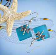 Dragonfly Sea Glass Earrings,Sea Beach Glass Dragonfly Earrings, Turquoise Blue Sea Glass Earrings, Dragonfly Earrings, Fantasy Earrings