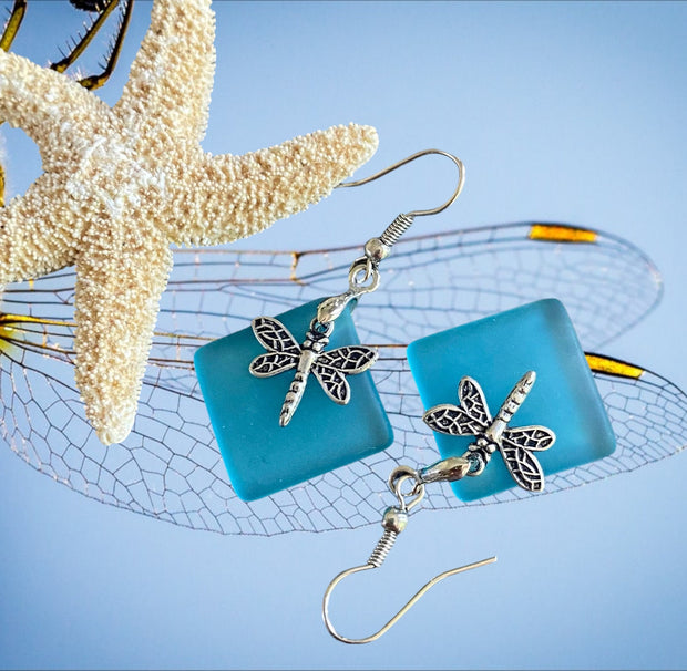 Dragonfly Sea Glass Earrings,Sea Beach Glass Dragonfly Earrings, Turquoise Blue Sea Glass Earrings, Dragonfly Earrings, Fantasy Earrings