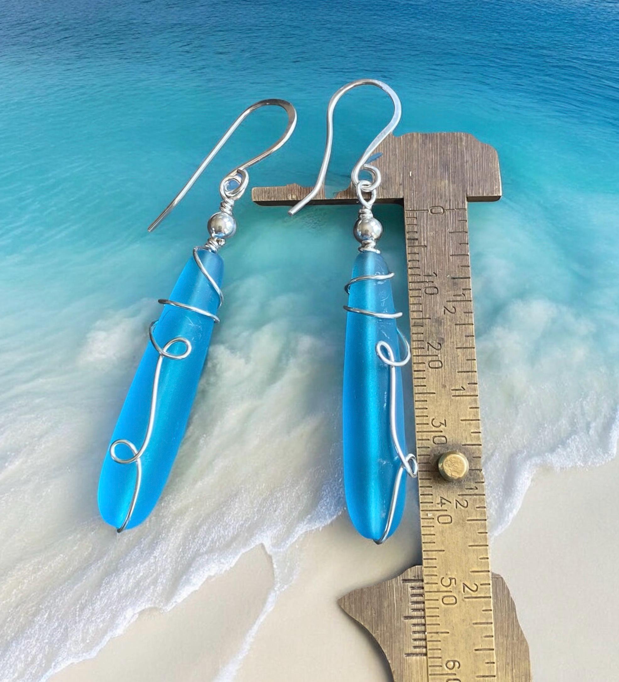 Wire wrapped Long Sea Glass Earrings in Sterling Silver, Pacific Blue Sea Glass Silver Earrings,Beach Weddings,Sea Glass Jewelry,Beach Glass