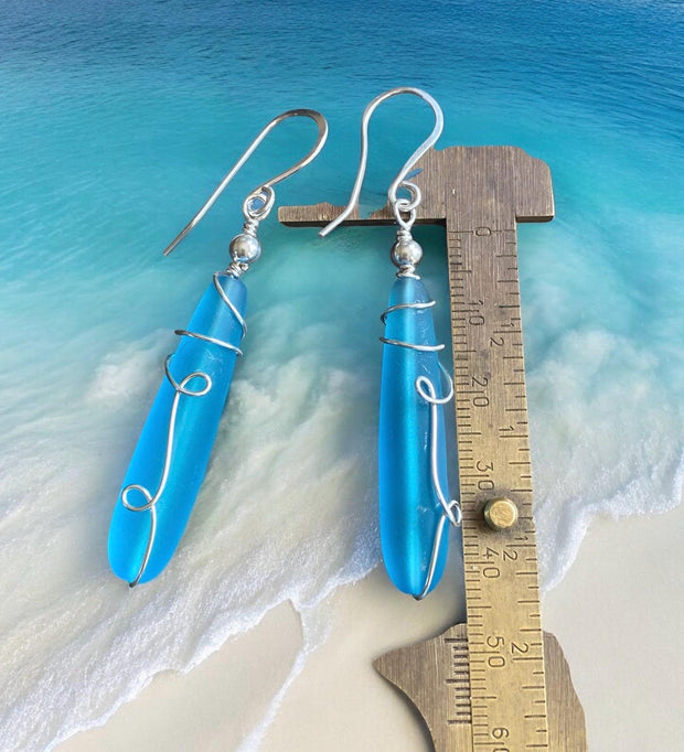 Wire wrapped Long Sea Glass Earrings in Sterling Silver, Pacific Blue Sea Glass Silver Earrings,Beach Weddings,Sea Glass Jewelry,Beach Glass