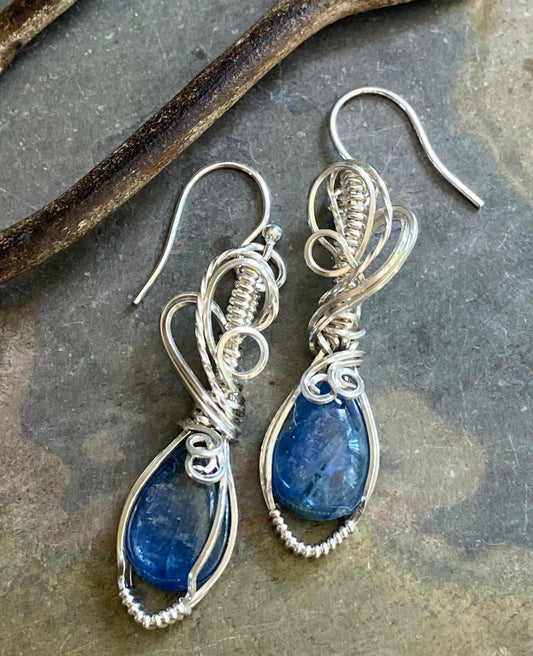 Sterling Silver Kyanite Earirngs, Wire Wrapped kyanite Earrings, Kyanite Healing Earrings,  Raw kyanite Jewelry, Blue Kyanite Earrings