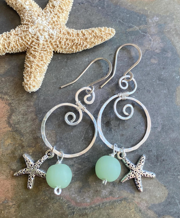 Handmade Sea Glass Starfish Silver Charm Dangling Earrings, Spiral Design Sea Glass Nautical Design Earrings, Coastal Ocean Theme Earrings