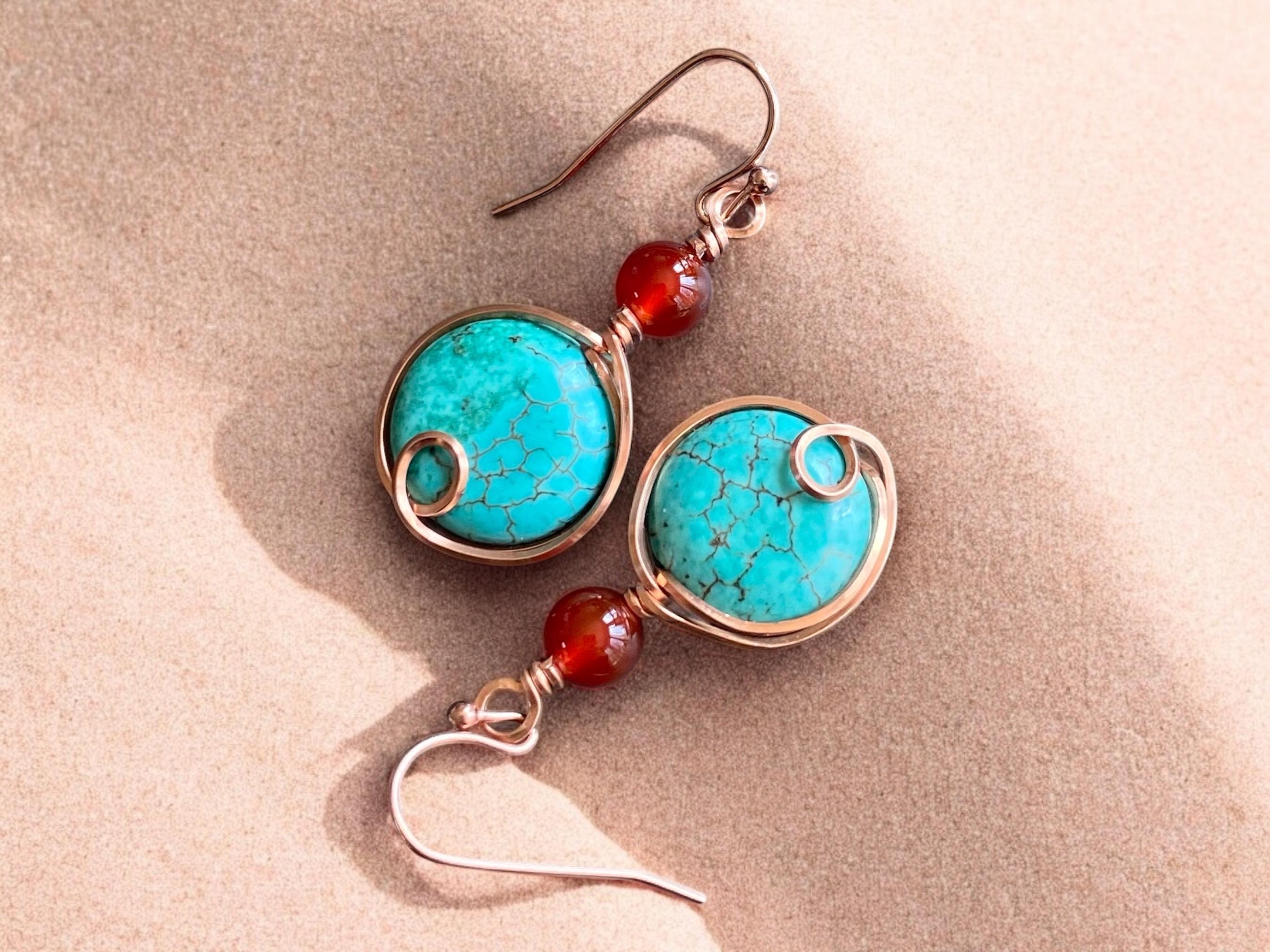 Turquoise Carnelian Earrings in Copper, Wire Wrapped Howlite Turquoise  Dangle Earrings,   Rustic Jewelry, Handmade Jewelry, Gifts for Women