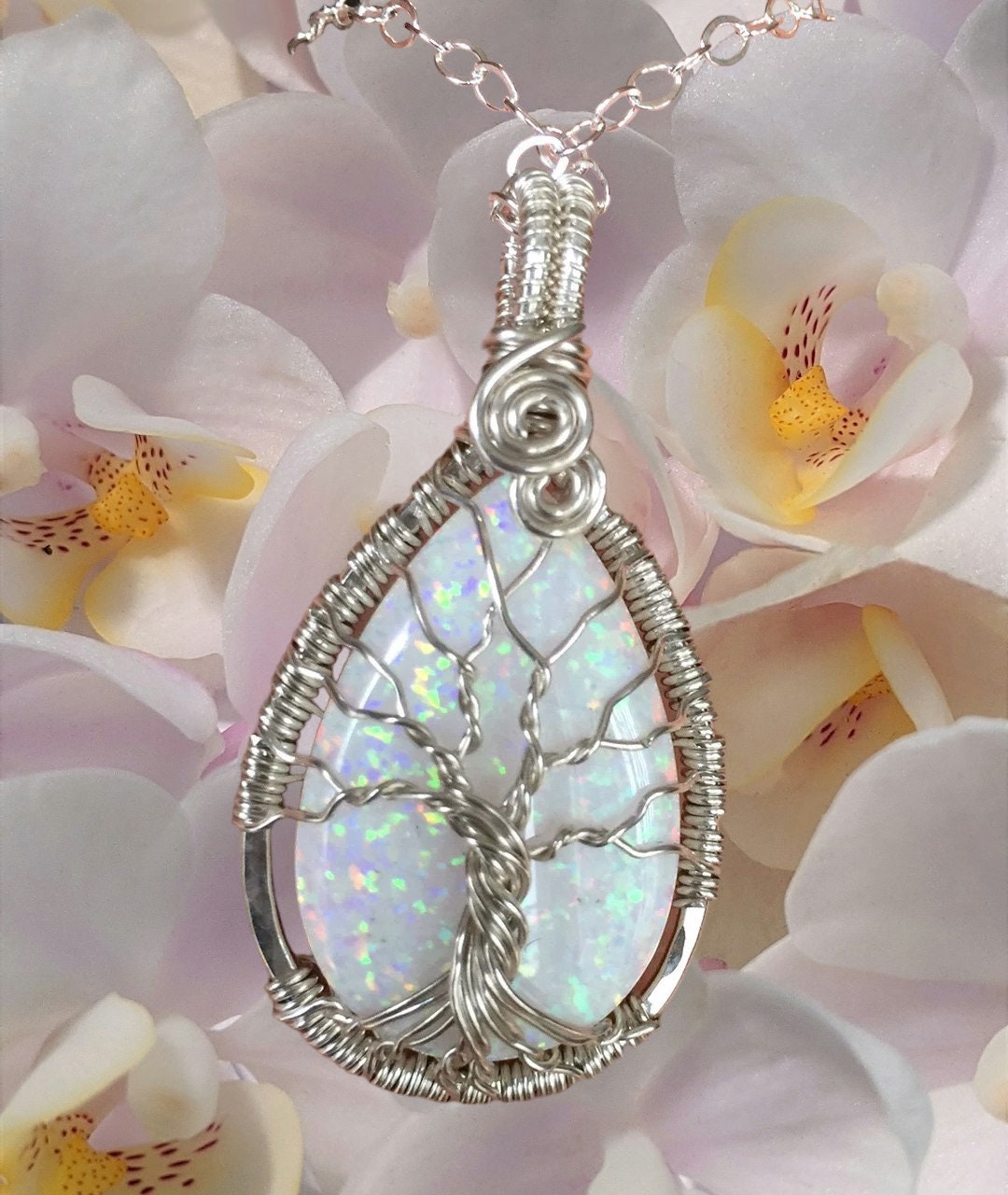 Opal Pendant, Fast READY Ship in 1 to 2 days, STERLING SILVER White Opal Necklace, October Birthstone Necklace, Opal Tree of Life Necklace