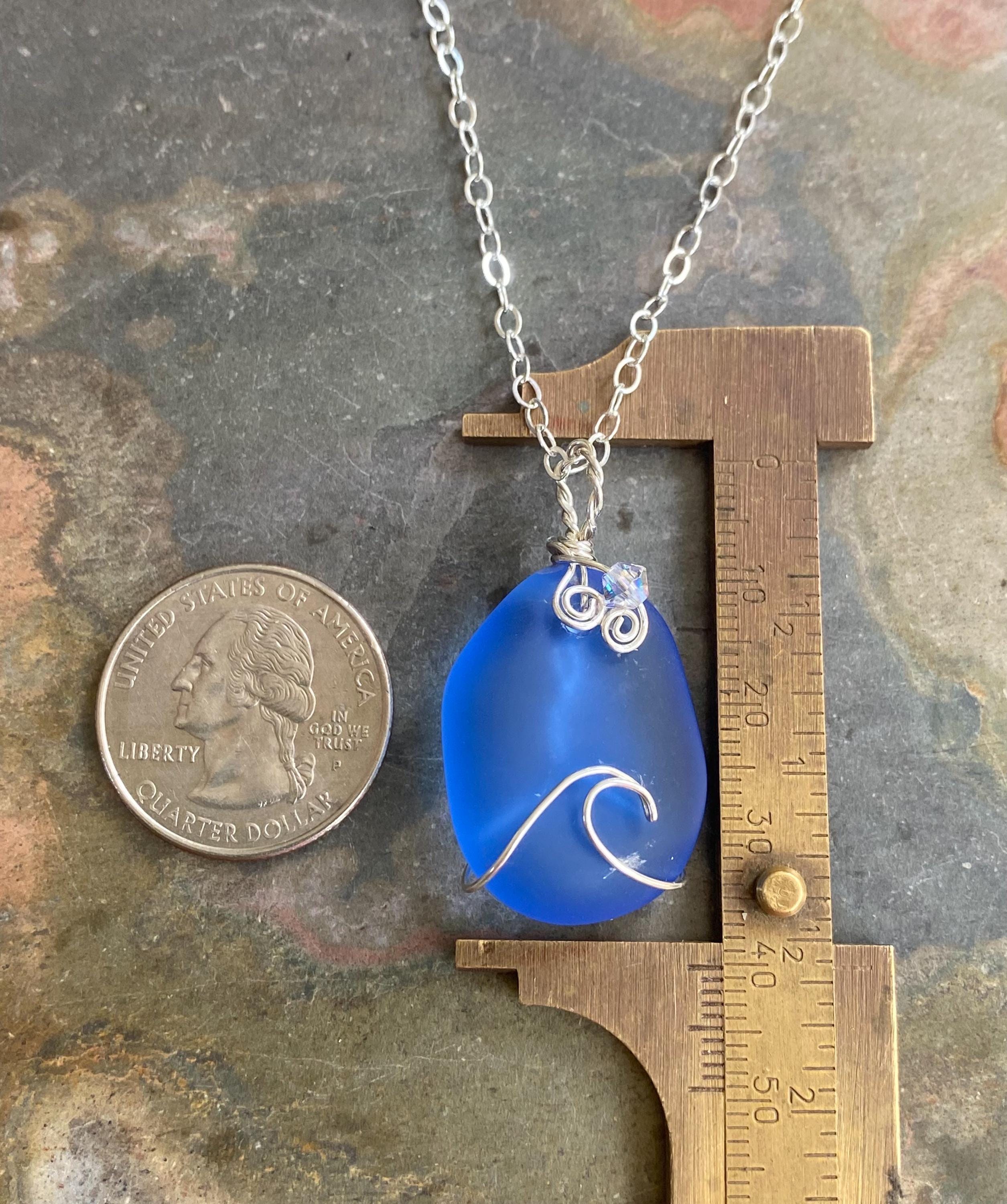 Blue Wave Necklace, Blue Sea Glass Wave necklace, Seaglass Pendant Wave Design Sterling Silver Wire Necklace,Beach Style Ocean Wave Swirl