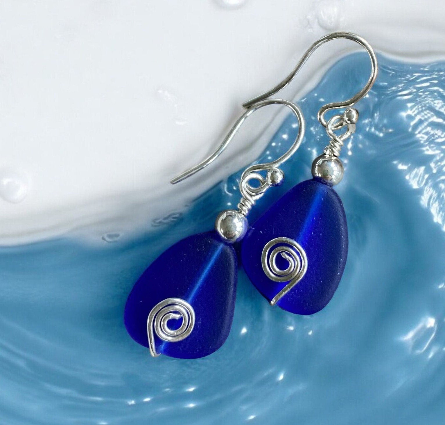 Blue Sea Glass Earrings, Cobalt Blue Sea Glass Earrings in STERLING SILVER, Beach Weddings, Beach Glass Jewelry, Cobalt Sea glass Earrings,