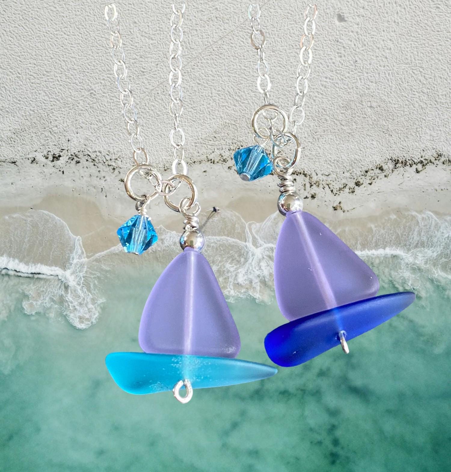 Sailboat Sea Glass Necklace, Periwinkle Sea Glass Pendant, Beach Wedding, Beach glass Necklace in Sterling Silver, Sea Glass Jewelry