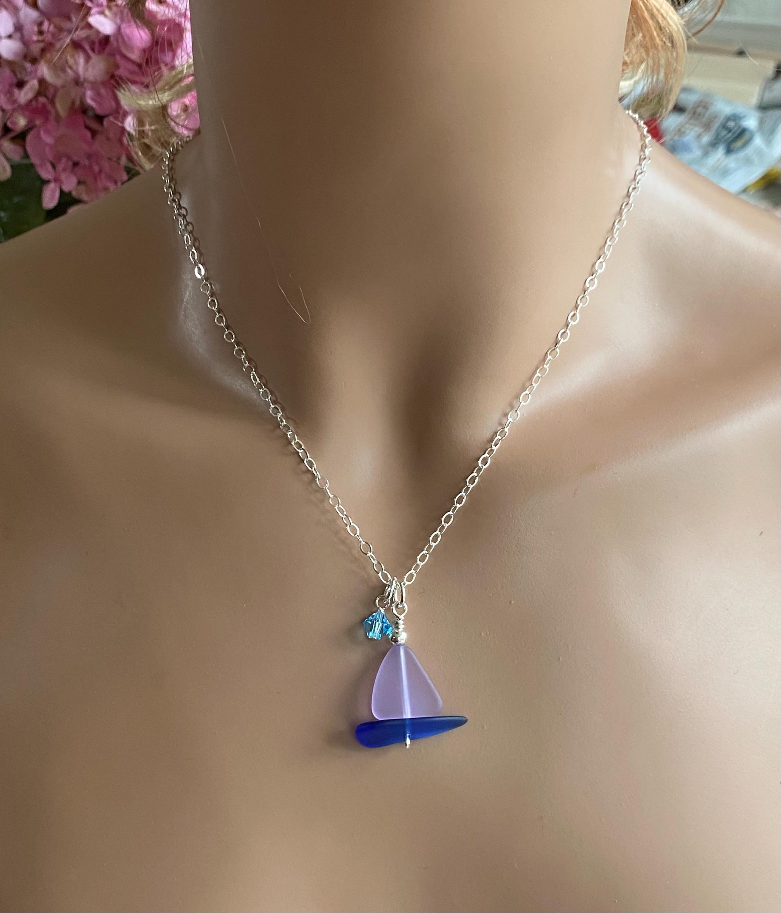 Sailboat Sea Glass Necklace, Periwinkle Sea Glass Pendant, Beach Wedding, Beach glass Necklace in Sterling Silver, Sea Glass Jewelry