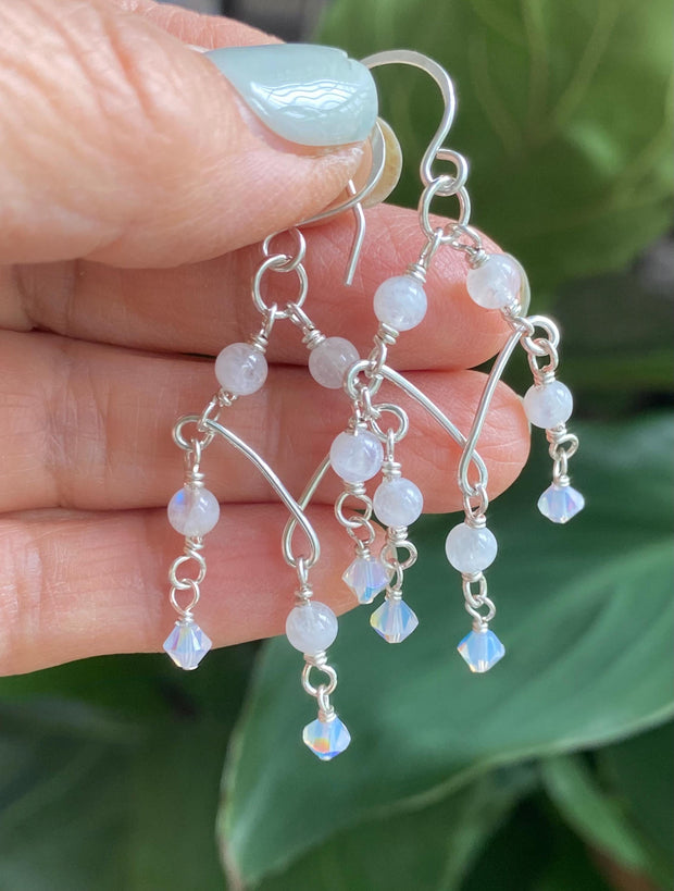 Moonstone Chandelier Earrings in Sterling Silver, Blue Flash Moonstone & Swarovski Crystal Dangles | Statement Bridal Earrings,