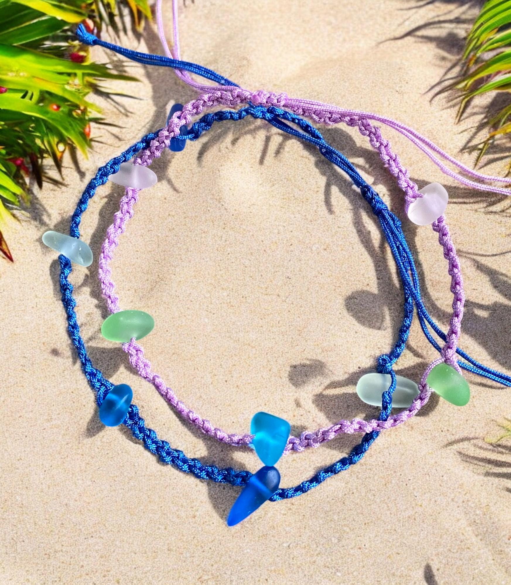 Adjustable Sea Glass Macrame Anklets, Sea Glass Ankle Bracelet, Blue Green Ankle Bracelet, Nautical Sea Glass Bracelet, Sea Glass Jewelry
