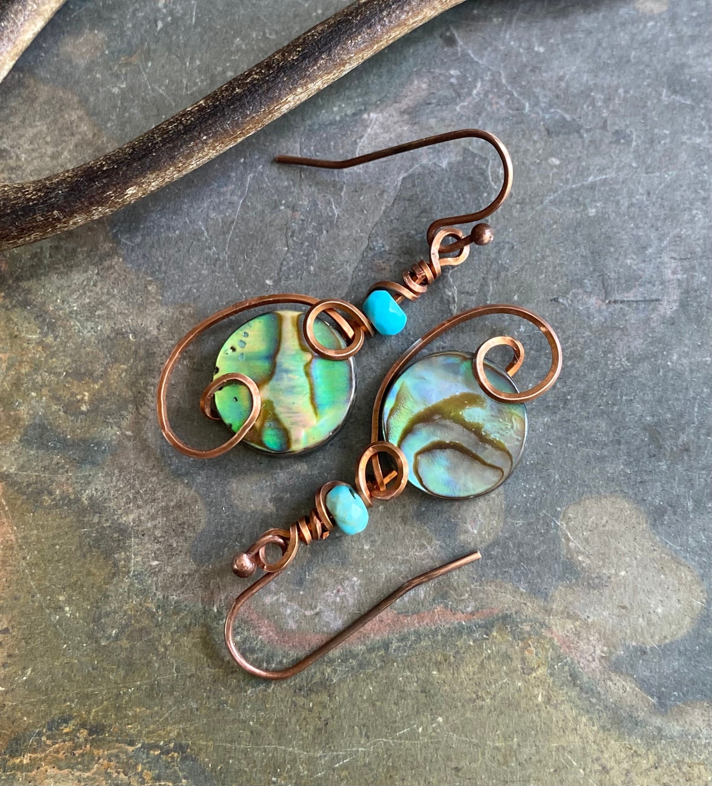 Abalone Earrings, Wire Wrapped Abalone Earrings in Antiqued Copper Wire, Abalone Paua Shell Earring, Abalone Shell Jewelry,