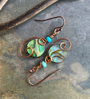 Abalone Earrings, Wire Wrapped Abalone Earrings in Antiqued Copper Wire, Abalone Paua Shell Earring, Abalone Shell Jewelry,