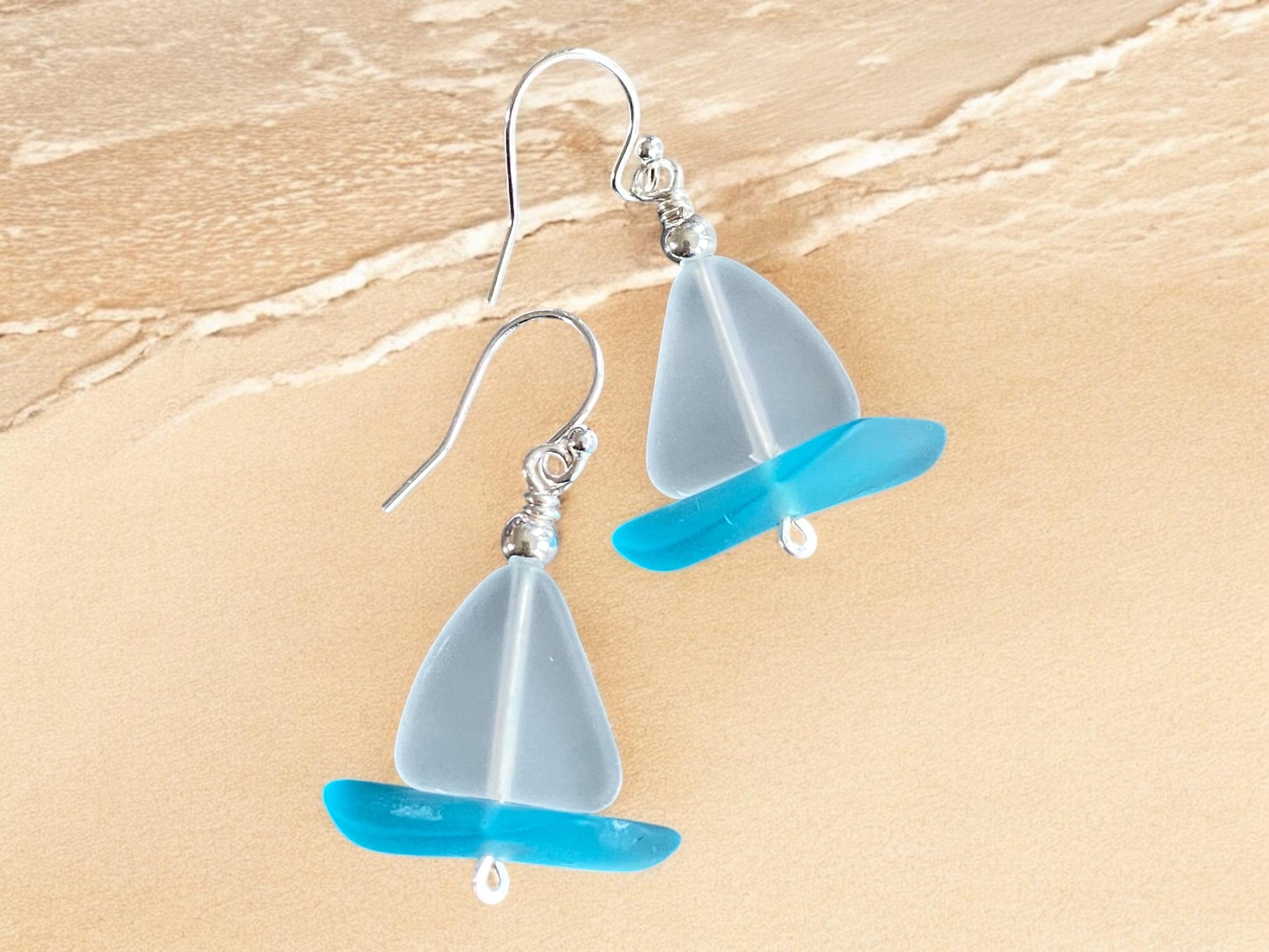 Nautical White Sea Glass Sailboat Necklace & Earring SET in Sterling Silver, Ocean-Inspired Beach Glass Sailboat Necklace and Earring SET,