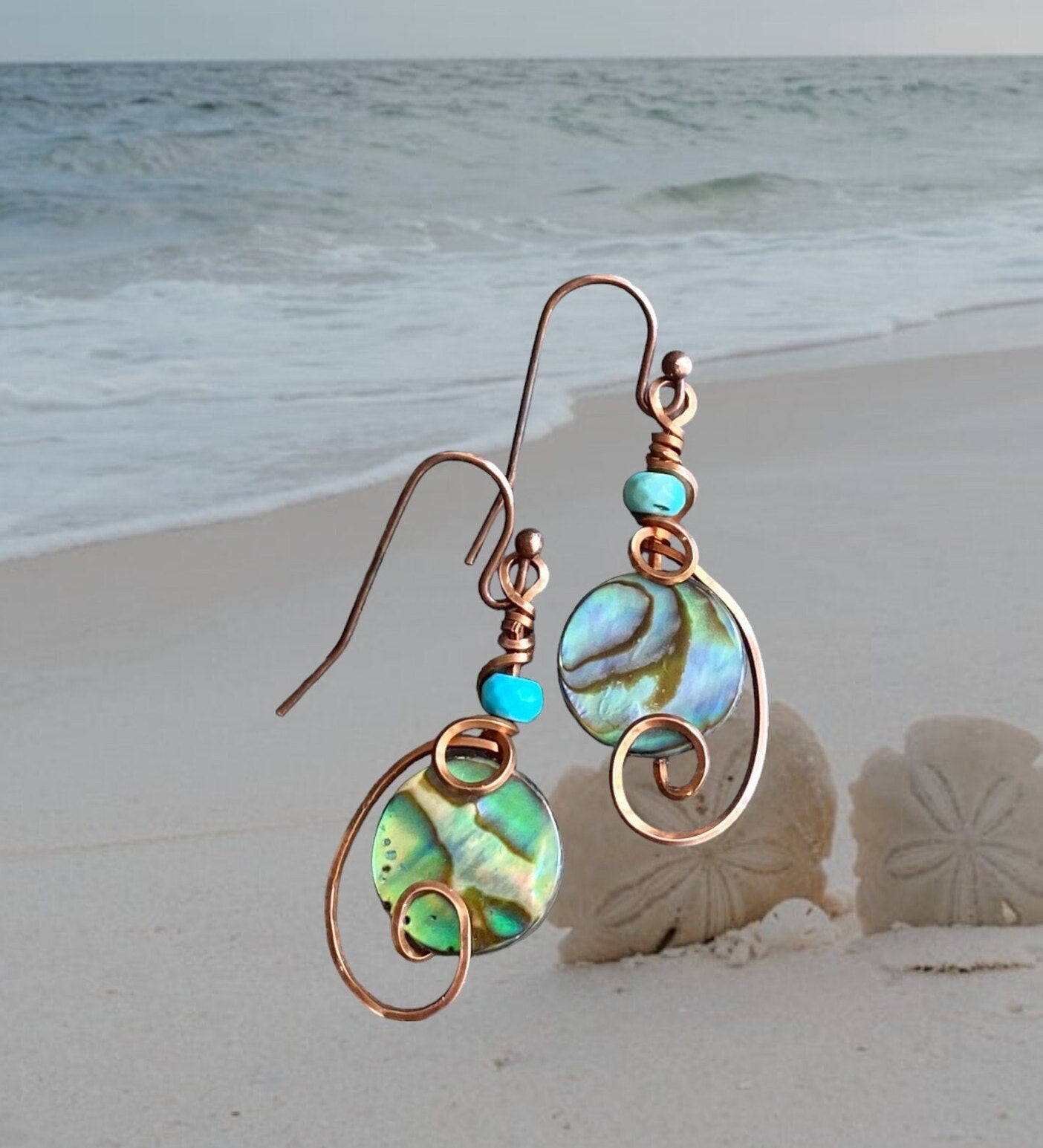 Abalone Earrings, Wire Wrapped Abalone Earrings in Antiqued Copper Wire, Abalone Paua Shell Earring, Abalone Shell Jewelry,