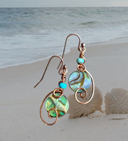 Abalone Earrings, Wire Wrapped Abalone Earrings in Antiqued Copper Wire, Abalone Paua Shell Earring, Abalone Shell Jewelry,