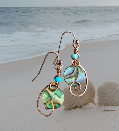 Abalone Earrings, Wire Wrapped Abalone Earrings in Antiqued Copper Wire, Abalone Paua Shell Earring, Abalone Shell Jewelry,