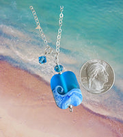 Ocean Beach Wave Necklace, Blue Beach Wave Necklace,Ocean Wave Lampwork Pendant, Beach Wave Jewelry, Blue Sea Glass Necklace sterling silver