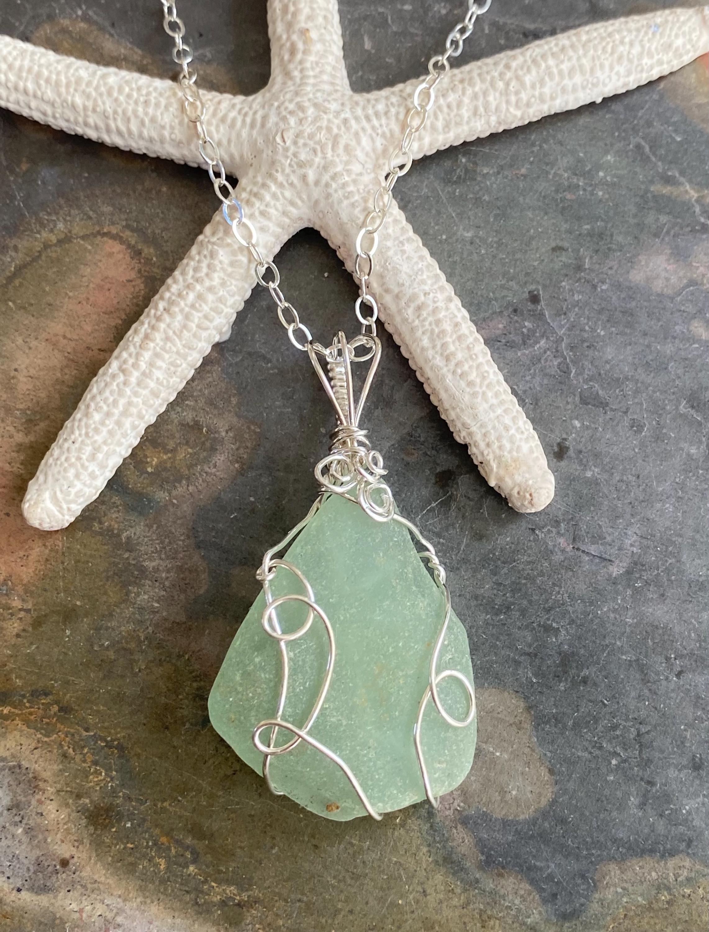Natural Beach Glass Necklace, Seafoam Green  Beach Glass Necklace, Wired Sea Glass Jewelry, Gifts for Beach lover, Ocean inspired Pendant