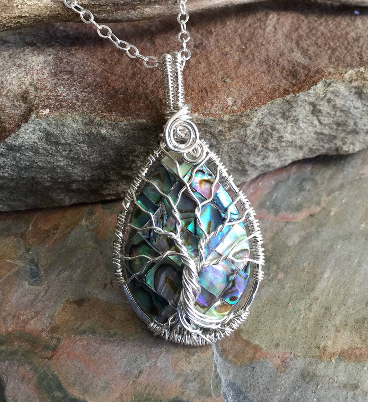 Ready Ship in 1 to 2 days, sterling silver,Abalone Tree of Life Necklace,Wire Wrapped Abalone Tree of Life Necklace, Tree of Life Jewelry