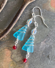 Holiday Dangle Earrings, Ready Ship in ONE day, Sea Glass Christmas Tree Earrings, Beach Glass Christmas Tree Earrings, Sea Glass Jewelry,