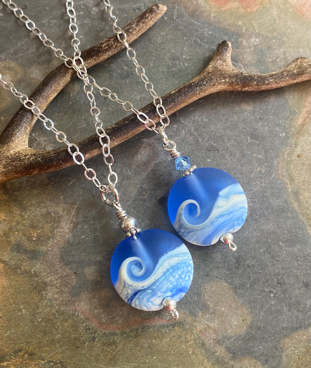 Wave Lampwork  Necklace in .925 Sterling Silver, Ocean Wave Necklace, Blue Beach Wave Sea Glass Necklace, Nautical Sea Glass Jewelry for Her