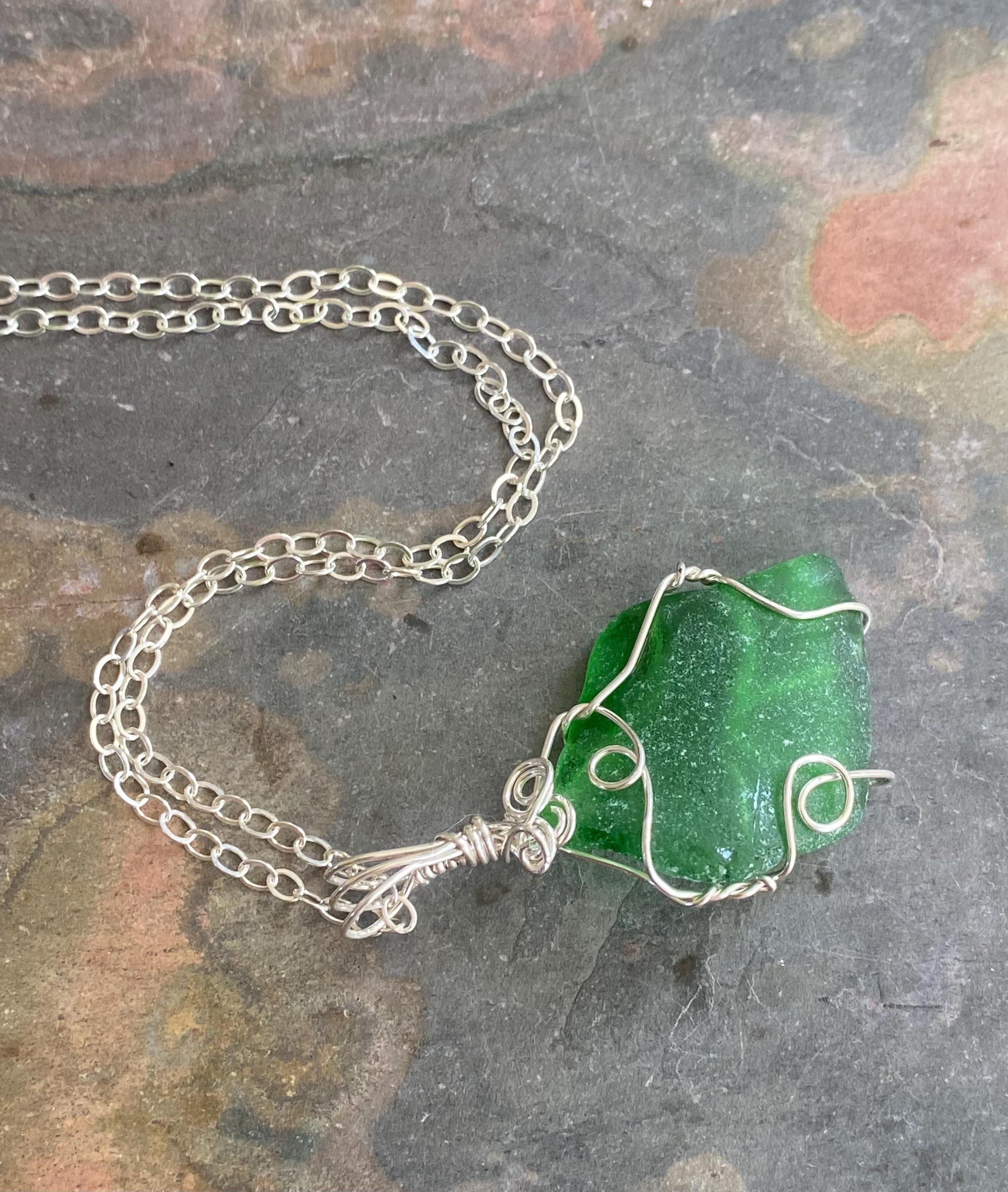 Green Seaglass Pendant Necklace in  Sterling Silver, Wire Wrapped Beach Glass Necklacefor Beach Lovers, Natual Peridot Green Sea Glass