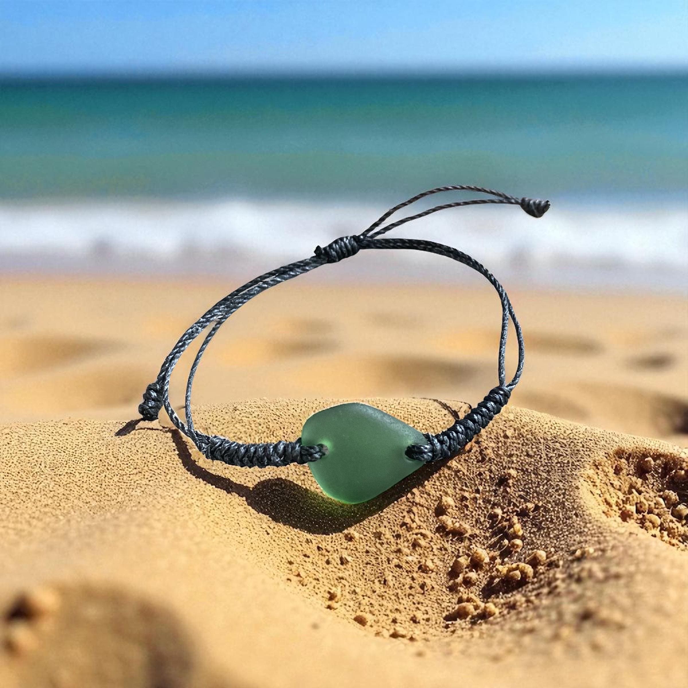 Handmade Macrame Sea Glass Bracelet, Hunter Green Sea Glass Bracelet, Adjustable Sea Glass Macrame Bracelets, Surfer's Sea Glass Bracelet