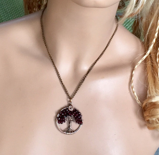 Garnet Necklace in Copper,Garnet tree of Life Necklace,Wire Wrapped Garnet Tree of Life,January Birthstone Tree of Life Jewelry, Red Garnet