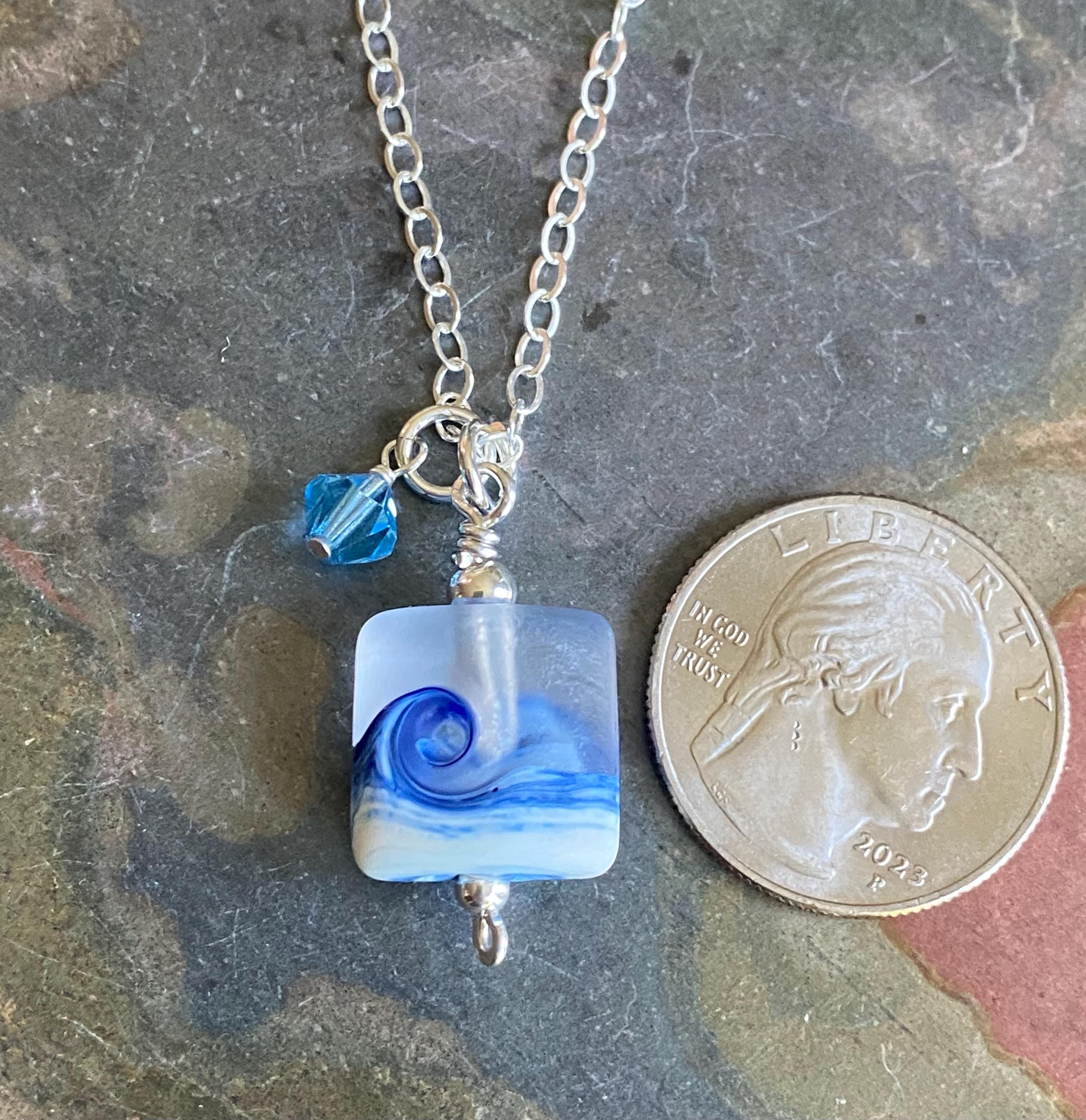 Ocean Beach Wave Necklace, Blue Beach Wave Necklace,Ocean Wave Lampwork Pendant, Beach Wave Jewelry, Blue Sea Glass Necklace sterling silver