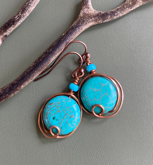 Wire Wrapped Turquoise Earrings, Howlite Turquoise Gemstone Herringbone Dangle Earrings in Copper, Gemstone Copper Earrings,