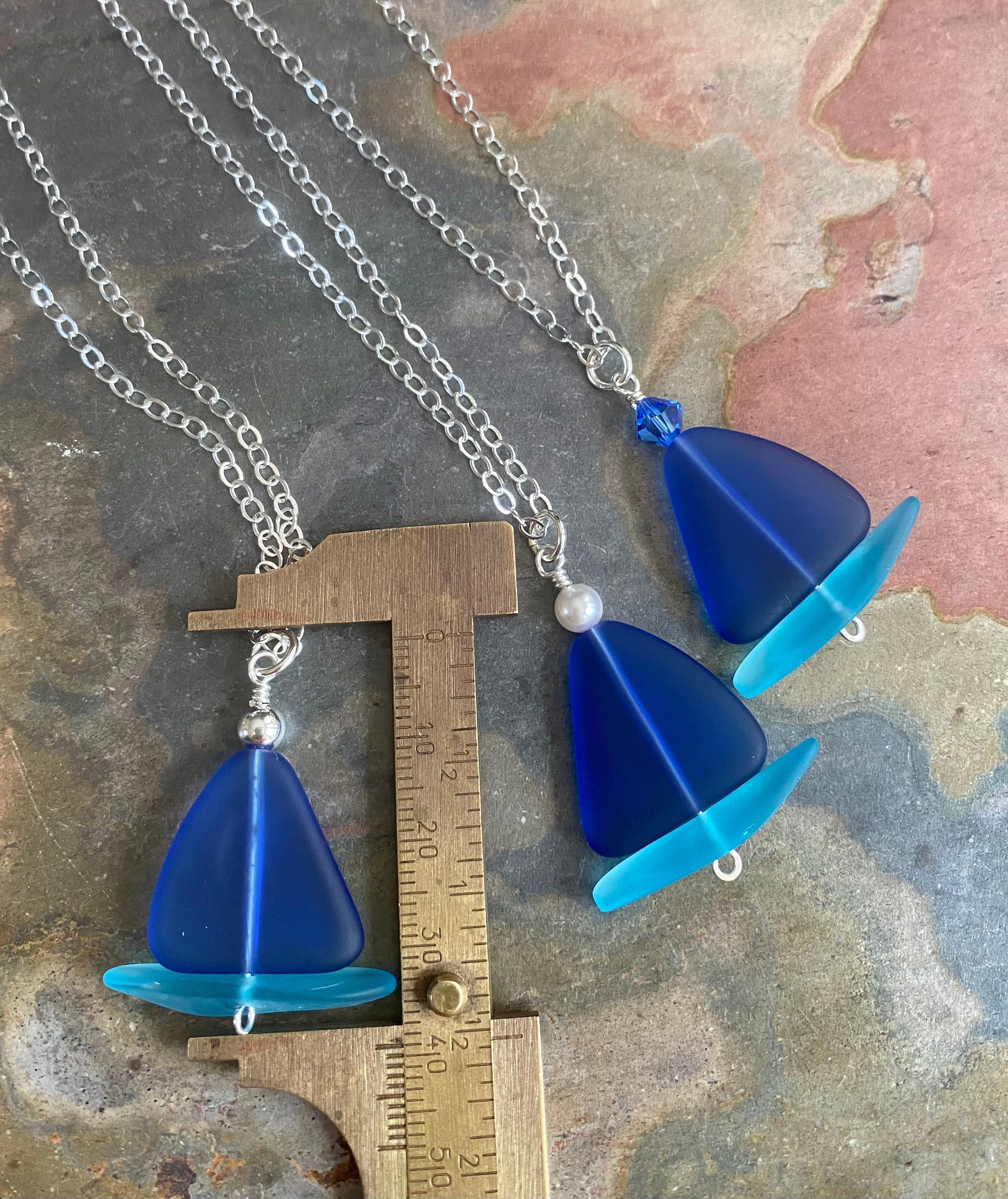 Sterling Silver Sailboat Necklace with chain,Beach Glass Necklace, Cobalt Blue Sea Glass Necklace,Beach Weddings,Bridesmaid Necklace/jewelry