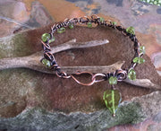 Wire Wrapped Antiqued Copper Bracelet,Adjustable Peridot Bangle/Cuff Leaf bracelet