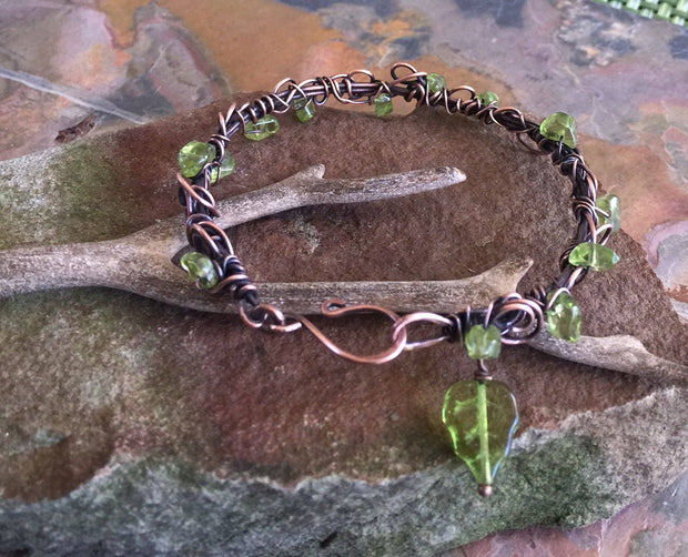 Wire Wrapped Antiqued Copper Bracelet,Adjustable Peridot Bangle/Cuff Leaf bracelet