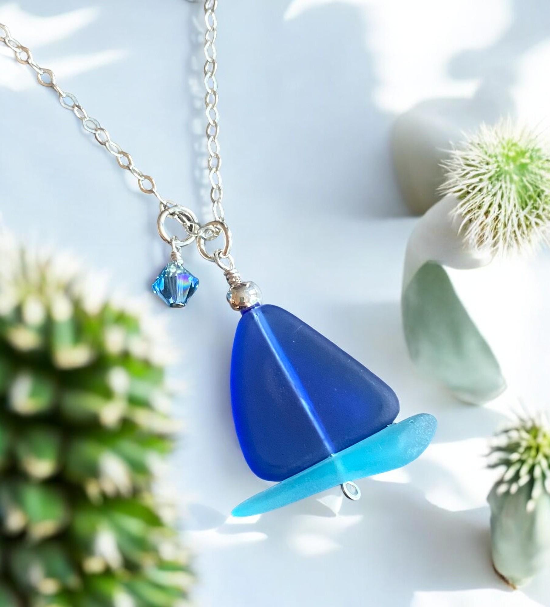 Handmade Sail Boat Blue Sea Glass Necklace in Sterling Silver, Blue Sea Glass Necklace, Beach-inspired blue sea glass Sail Boat Necklace